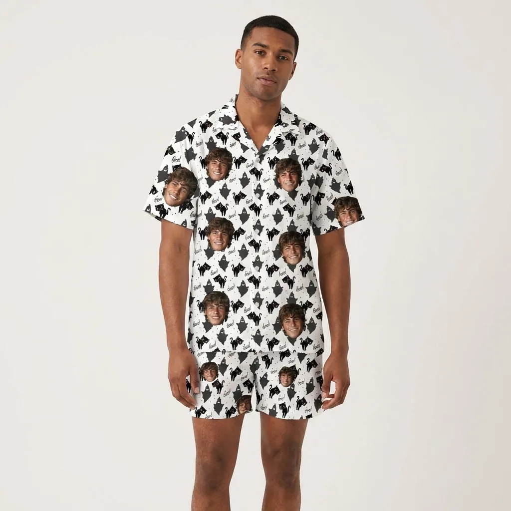 custom face logo halloween black cat hawaiian shirt and shorts set mat 2 2 custom face logo halloween black cat hawaiian shirt and shorts set mat 2 2