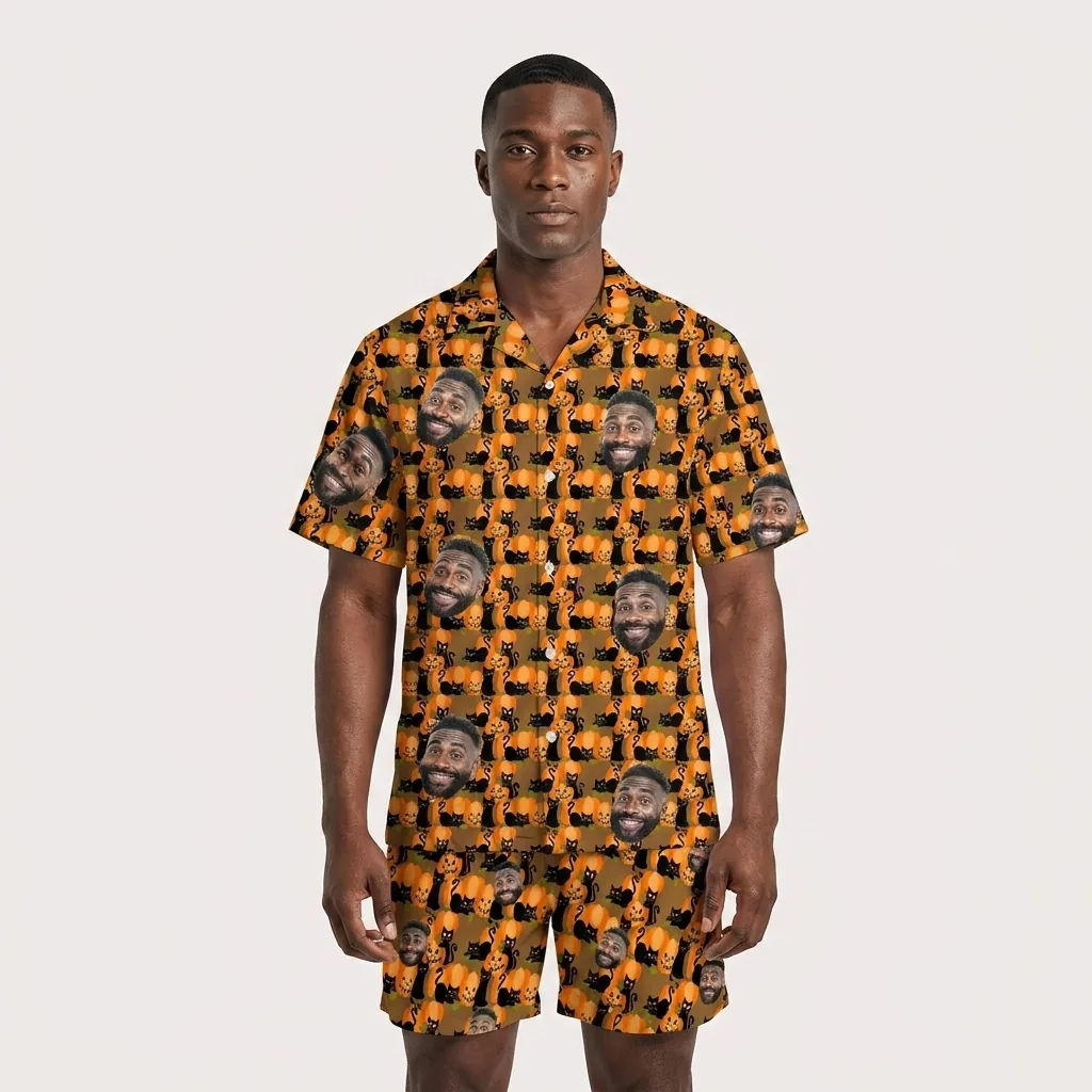custom face logo halloween black cat hawaiian shirt and shorts set mat 2 3 custom face logo halloween black cat hawaiian shirt and shorts set mat 2 3