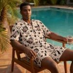 custom face logo halloween black cat hawaiian shirt and shorts set mat design 1