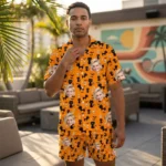custom face logo halloween black cat hawaiian shirt and shorts set mat design