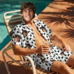 custom face logo halloween black cat hawaiian shirt and shorts set mat design 2