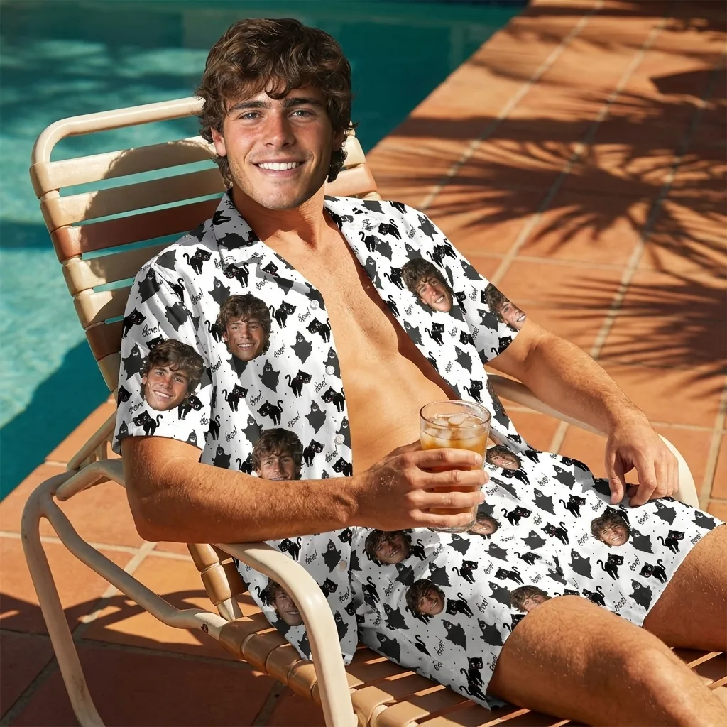 custom face logo halloween black cat hawaiian shirt and shorts set mat 3 2 custom face logo halloween black cat hawaiian shirt and shorts set mat 3 2