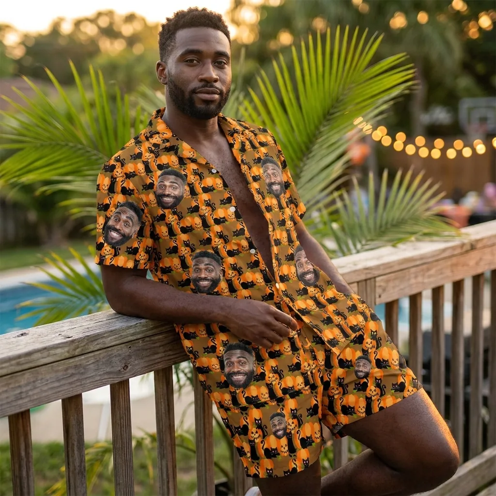 custom face logo halloween black cat hawaiian shirt and shorts set mat 3 3 custom face logo halloween black cat hawaiian shirt and shorts set mat 3 3