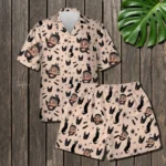 custom face logo halloween black cat hawaiian shirt and shorts set mat design 1