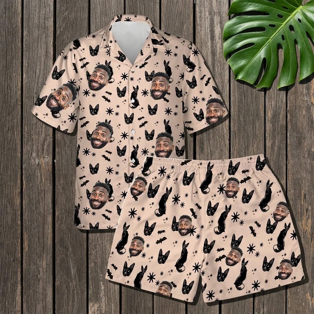 custom face logo halloween black cat hawaiian shirt and shorts set mat 4 1 custom face logo halloween black cat hawaiian shirt and shorts set mat 4 1