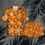 custom face logo halloween black cat hawaiian shirt and shorts set mat design
