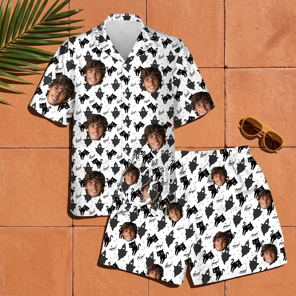custom face logo halloween black cat hawaiian shirt and shorts set mat 4 2 custom face logo halloween black cat hawaiian shirt and shorts set mat 4 2