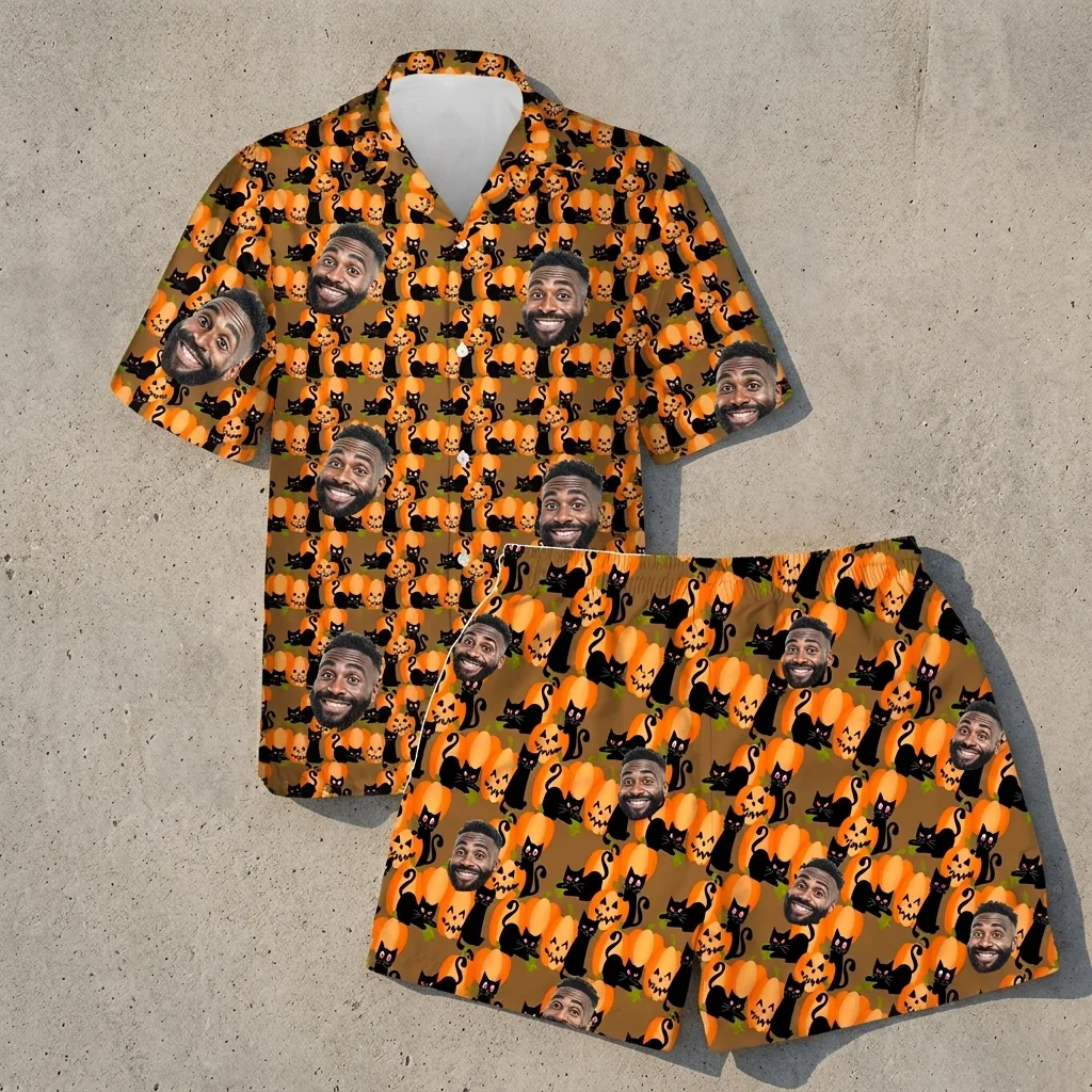 custom face logo halloween black cat hawaiian shirt and shorts set mat 4 3 custom face logo halloween black cat hawaiian shirt and shorts set mat 4 3
