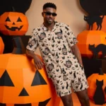 custom face logo halloween black cat hawaiian shirt and shorts set mat design 1