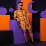 custom face logo halloween black cat hawaiian shirt and shorts set mat design