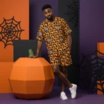 custom face logo halloween black cat hawaiian shirt and shorts set mat design 3