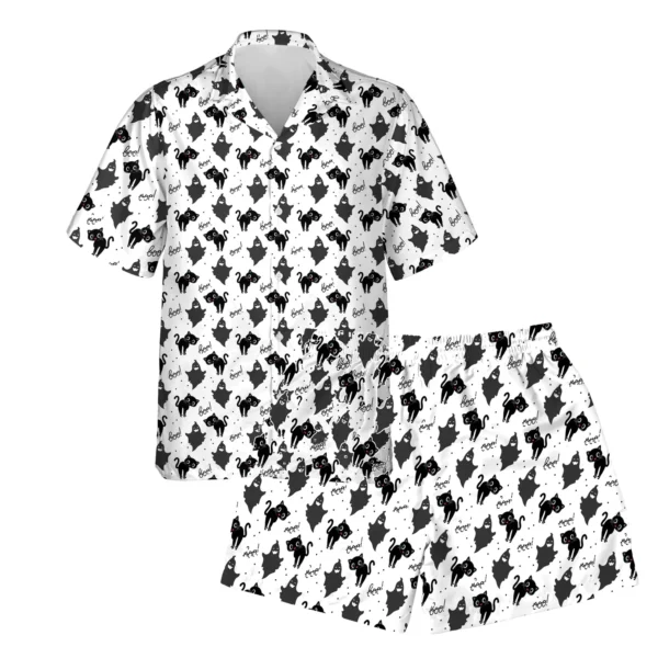 custom face logo halloween black cat hawaiian shirt and shorts set mat design 2