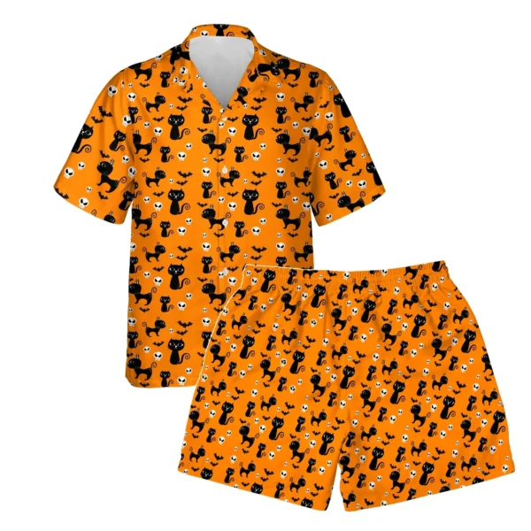 custom face logo halloween black cat hawaiian shirt and shorts set mat design