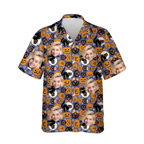 custom face logo halloween black cat hawaiian shirt spooky kitty shirt 1