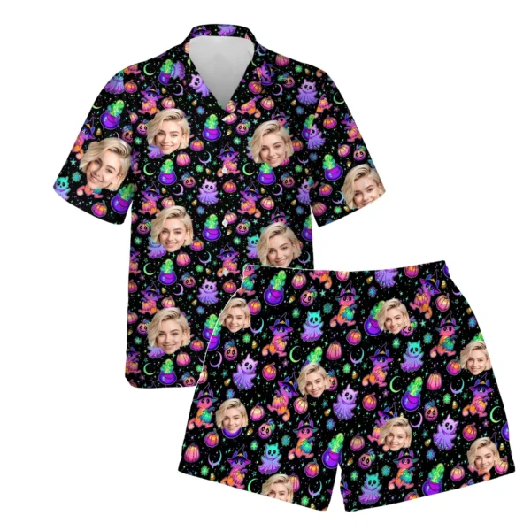 custom face logo halloween ghost hawaiian shirt and shorts set his her 1