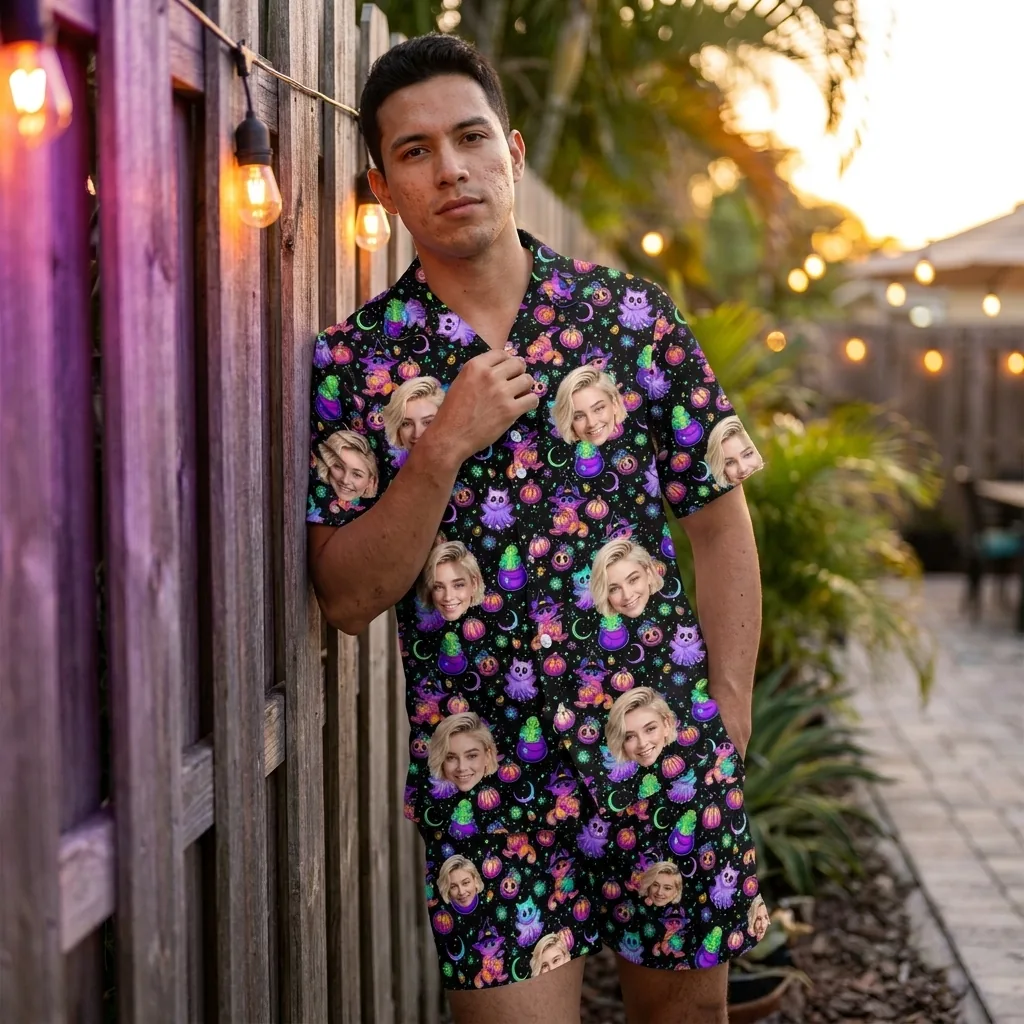 custom face logo halloween ghost hawaiian shirt and shorts set his her 3 custom face logo halloween ghost hawaiian shirt and shorts set his her 3