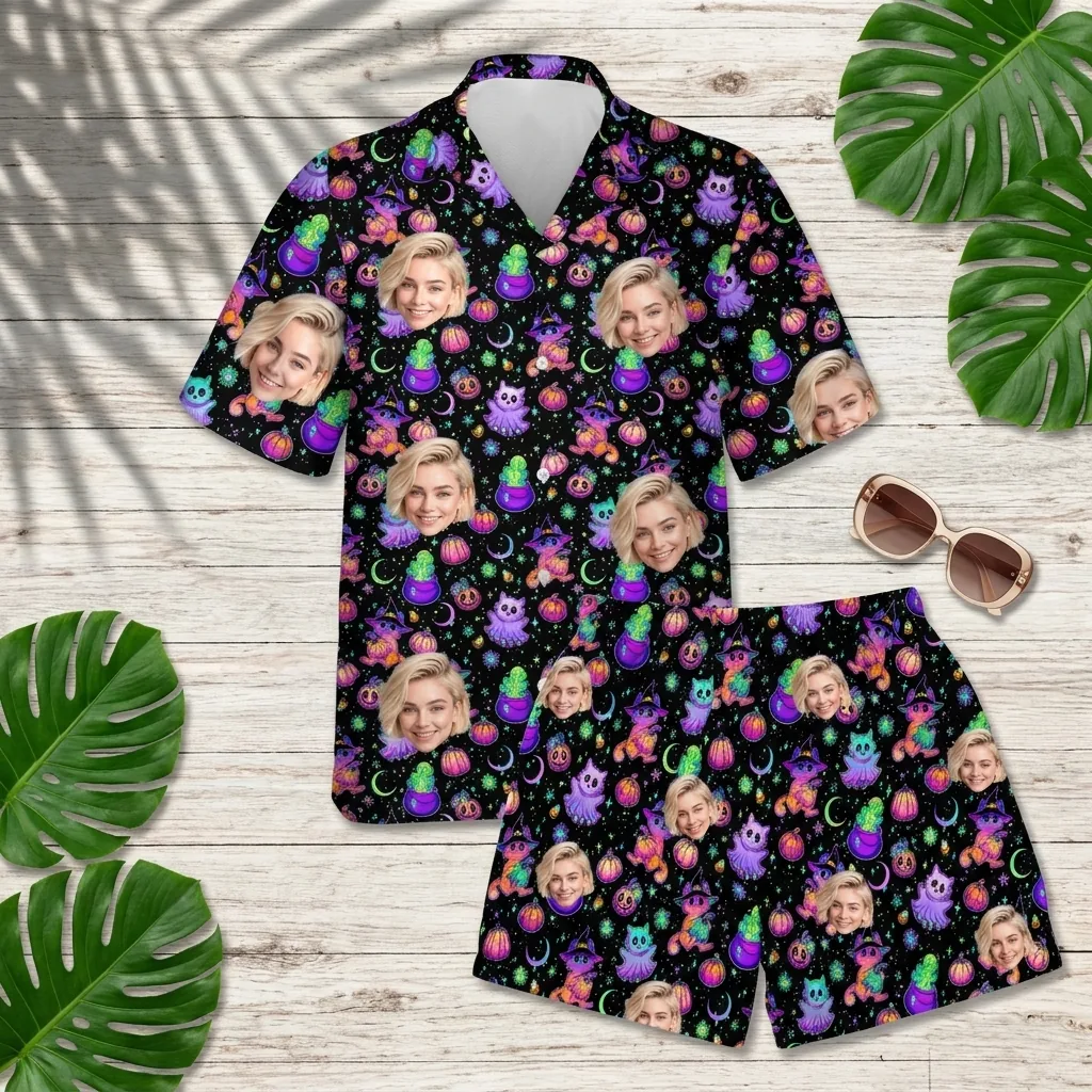 custom face logo halloween ghost hawaiian shirt and shorts set his her 4 custom face logo halloween ghost hawaiian shirt and shorts set his her 4