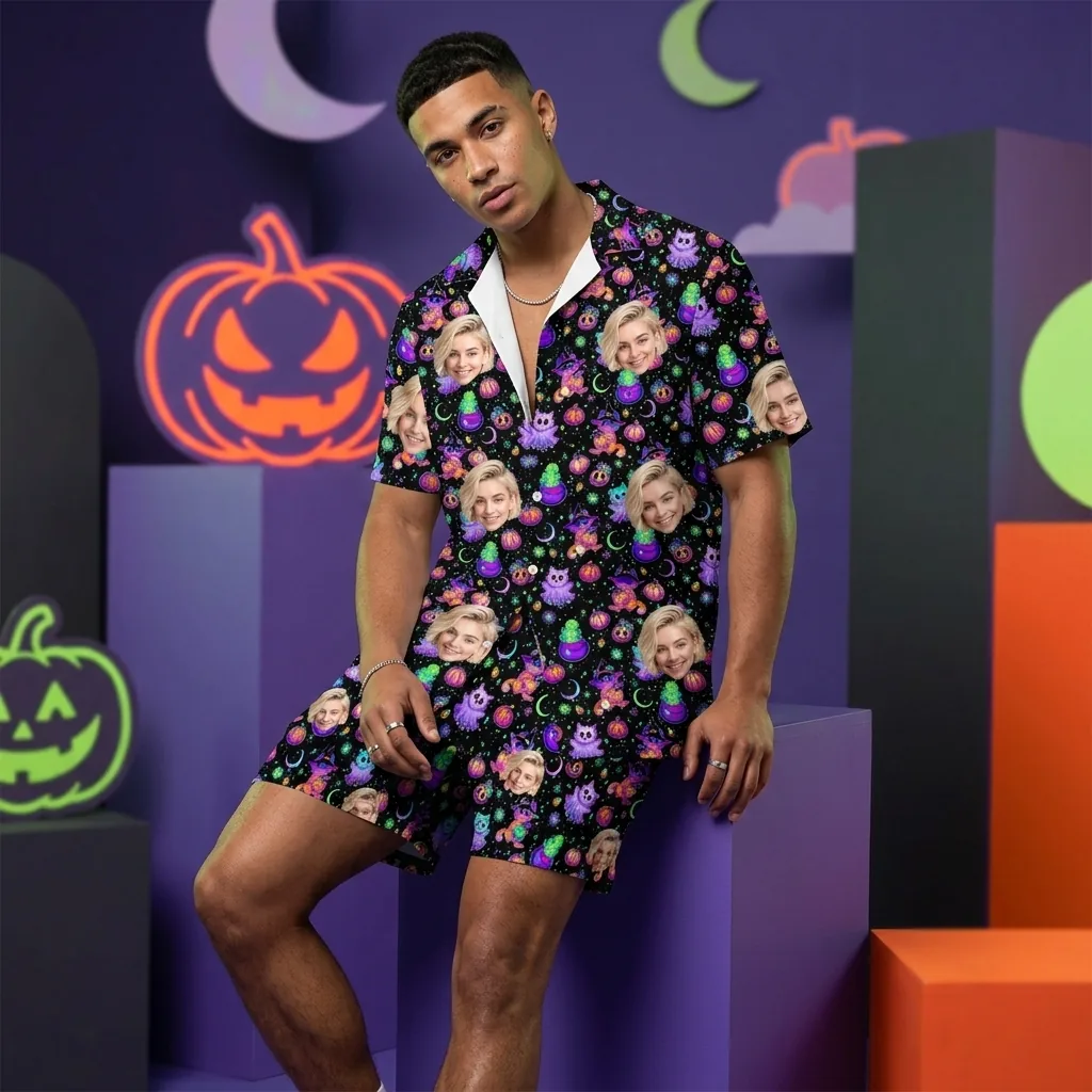 custom face logo halloween ghost hawaiian shirt and shorts set his her 5 custom face logo halloween ghost hawaiian shirt and shorts set his her 5