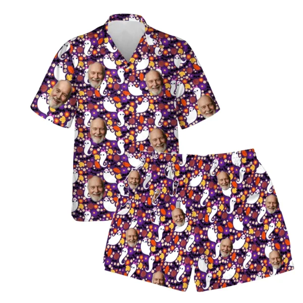 custom face logo halloween ghost hawaiian shirt and shorts set matchin 1