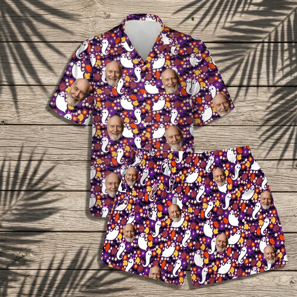 custom face logo halloween ghost hawaiian shirt and shorts set matchin 4 custom face logo halloween ghost hawaiian shirt and shorts set matchin 4