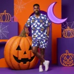custom face logo halloween ghost hawaiian shirt and shorts set matchin design 1