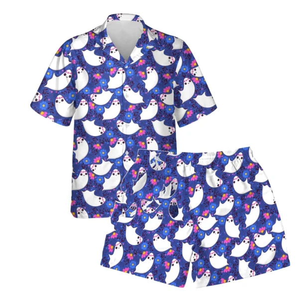 custom face logo halloween ghost hawaiian shirt and shorts set matchin design 1