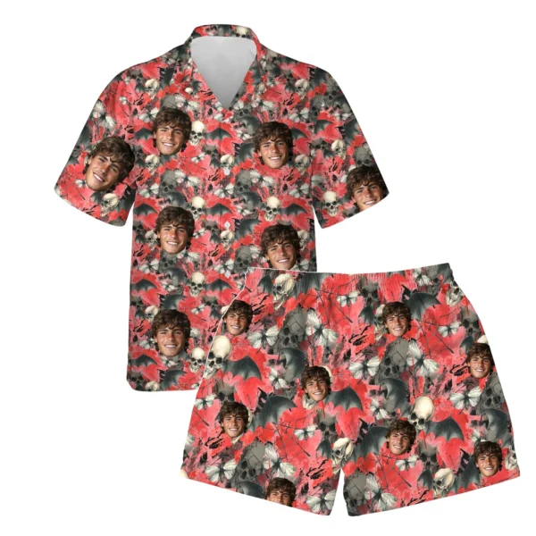 custom face logo halloween gothic bat hawaiian shirt and shorts set ma 1 1