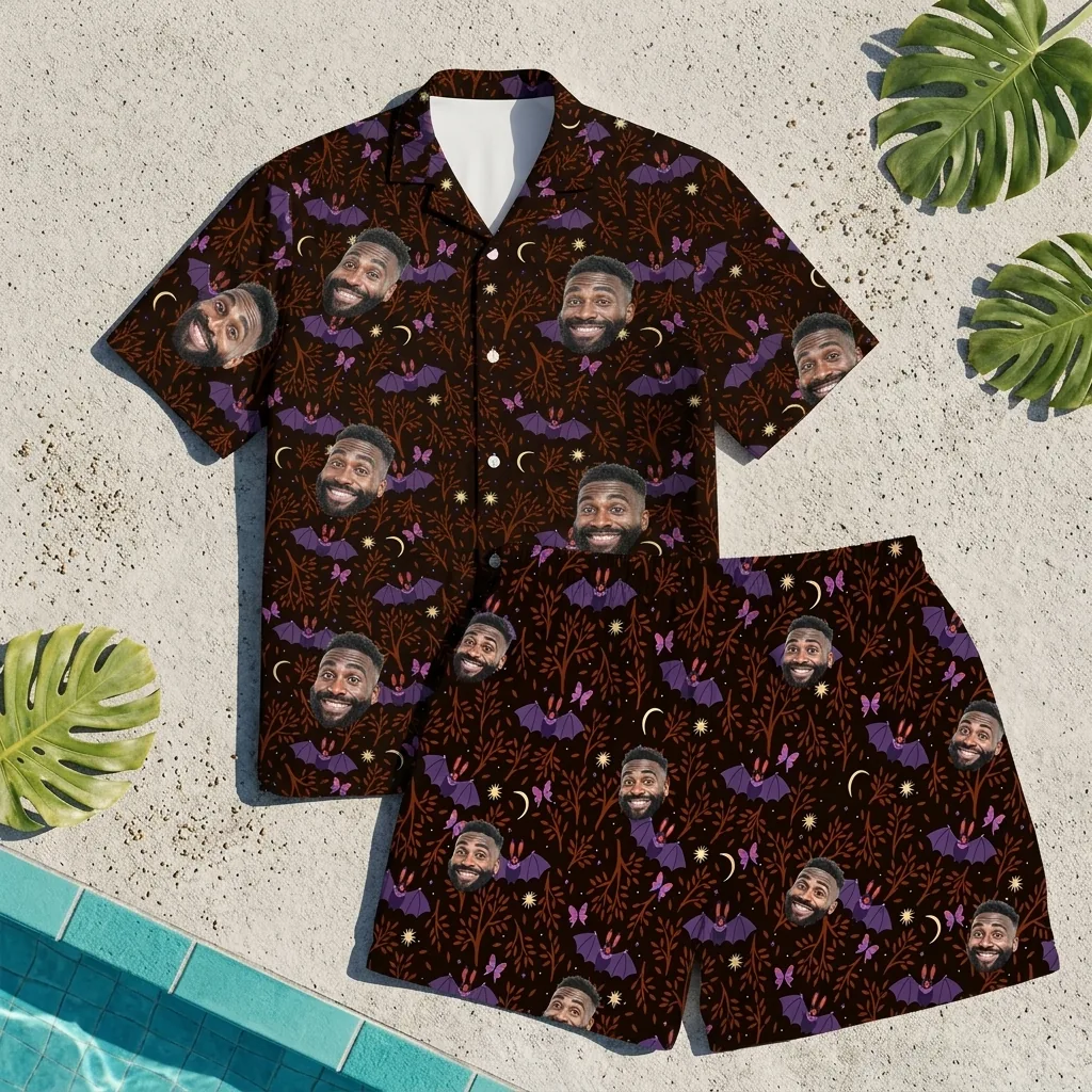 custom face logo halloween gothic bat hawaiian shirt and shorts set ma 4 custom face logo halloween gothic bat hawaiian shirt and shorts set ma 4