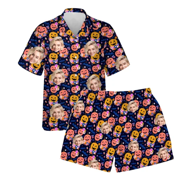 custom face logo halloween pumpkin hawaiian shirt and shorts set compl 1