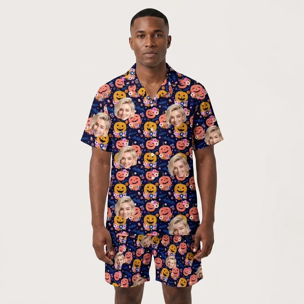 custom face logo halloween pumpkin hawaiian shirt and shorts set compl 2 custom face logo halloween pumpkin hawaiian shirt and shorts set compl 2