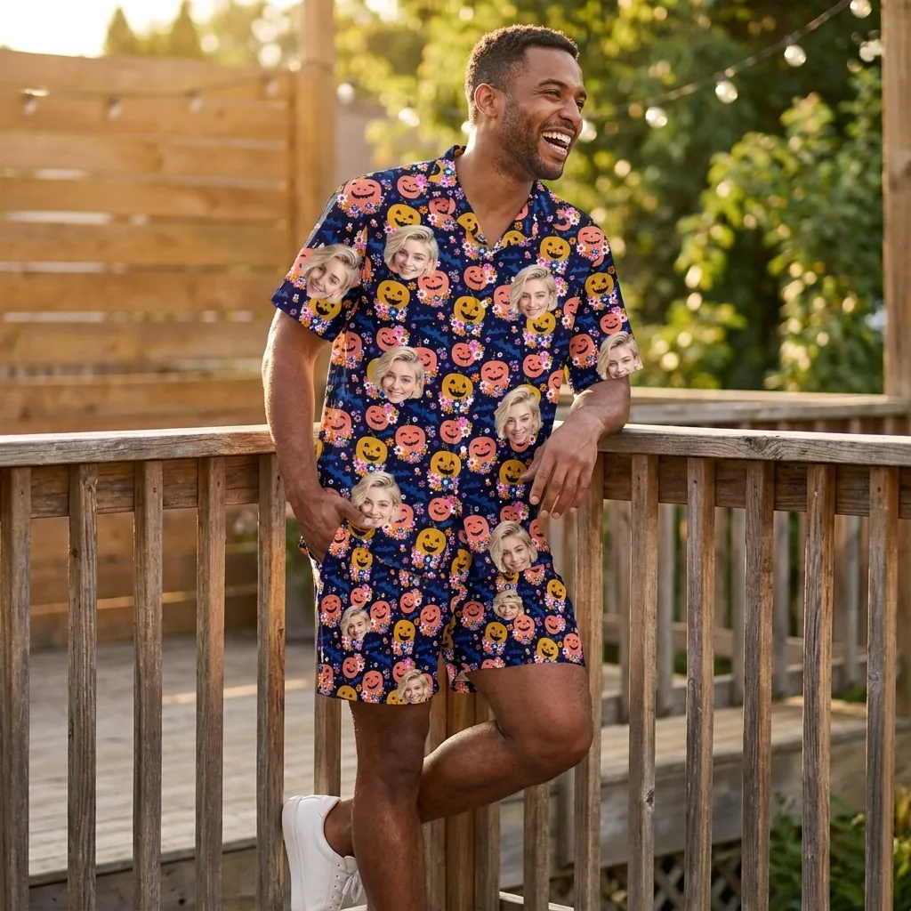 custom face logo halloween pumpkin hawaiian shirt and shorts set compl 3 custom face logo halloween pumpkin hawaiian shirt and shorts set compl 3