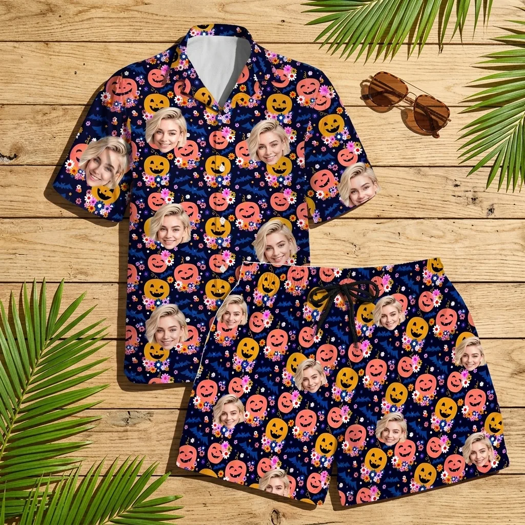 custom face logo halloween pumpkin hawaiian shirt and shorts set compl 4 custom face logo halloween pumpkin hawaiian shirt and shorts set compl 4