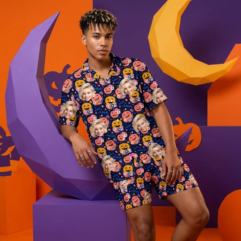 custom face logo halloween pumpkin hawaiian shirt and shorts set compl 5 custom face logo halloween pumpkin hawaiian shirt and shorts set compl 5