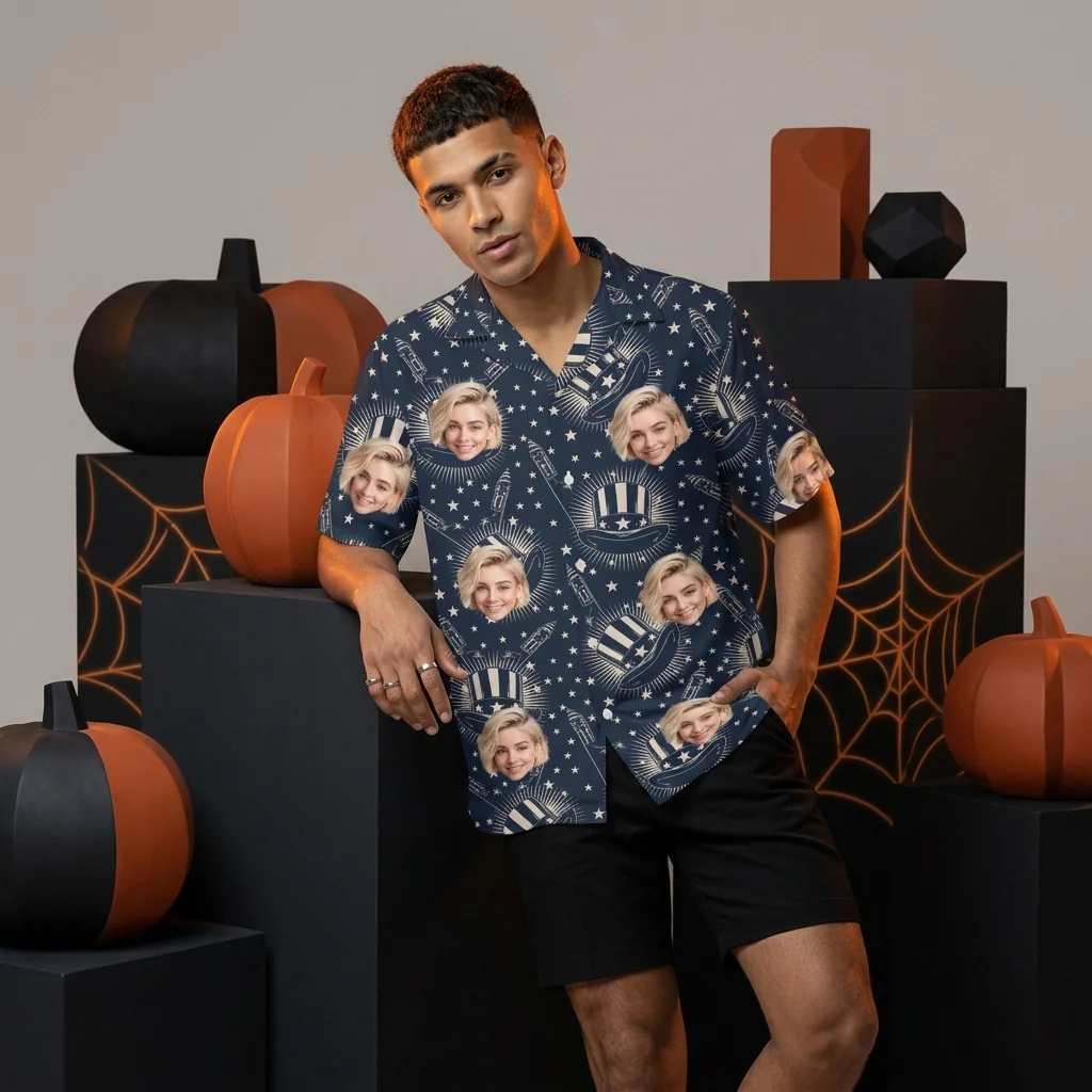 Custom Face & Logo Party USA Hawaiian Shirt | Patriotic Independence Day Gift for Men & Women - view 4 Custom Face & Logo Party USA Hawaiian Shirt | Patriotic Independence Day Gift for Men & Women - view 4