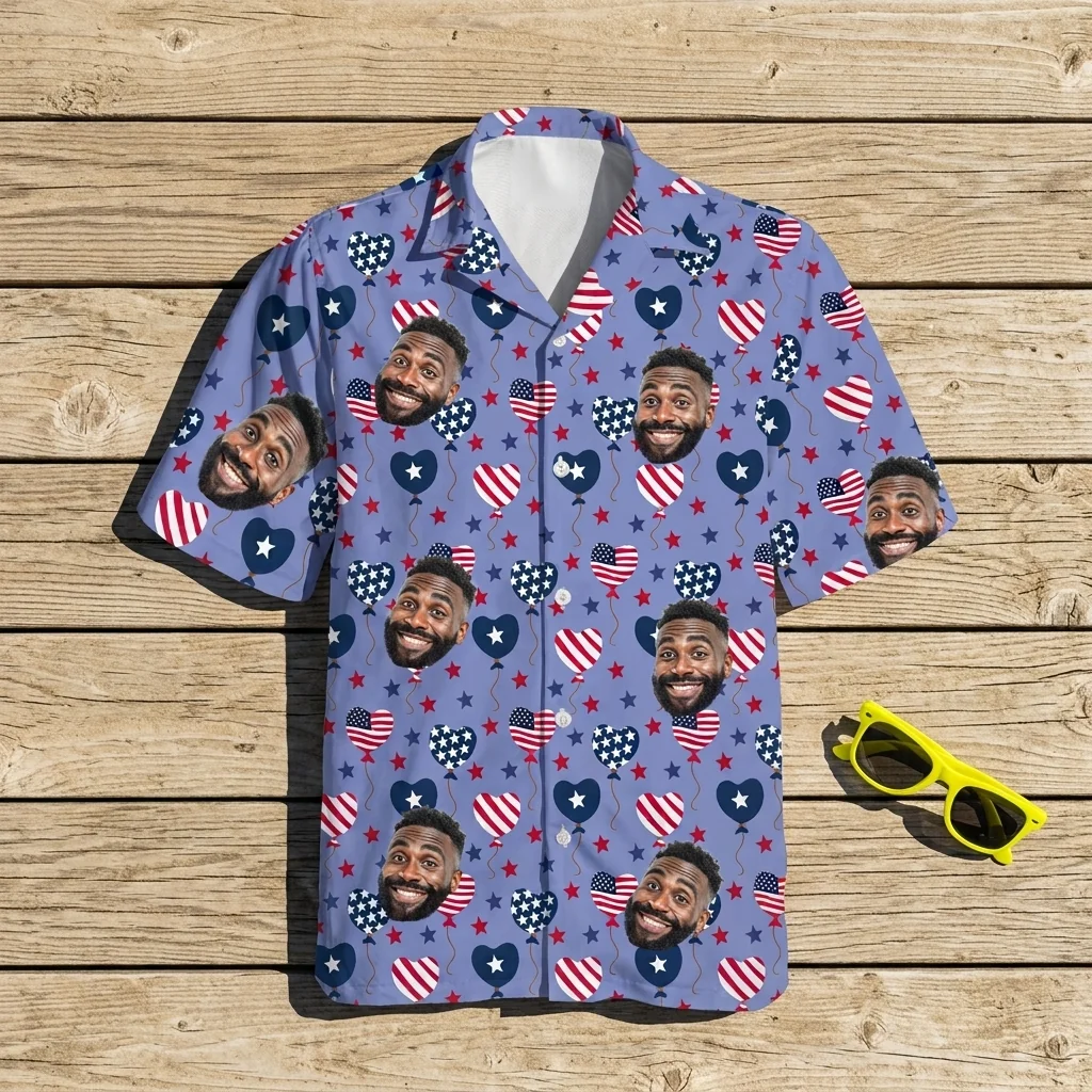 Custom Face & Logo Party USA Hawaiian Shirt | Perfect 4th of July & Patriotic Celebration - view 3 Custom Face & Logo Party USA Hawaiian Shirt | Perfect 4th of July & Patriotic Celebration - view 3