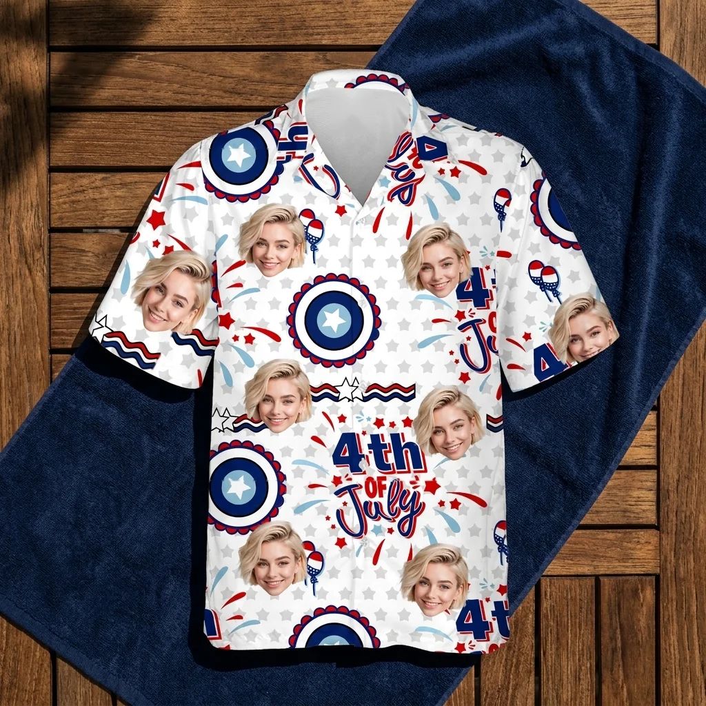 Custom Face & Logo Party USA Hawaiian Shirt | Red White & Blue Beach Shirt for BBQs & Parades - view 3 Custom Face & Logo Party USA Hawaiian Shirt | Red White & Blue Beach Shirt for BBQs & Parades - view 3