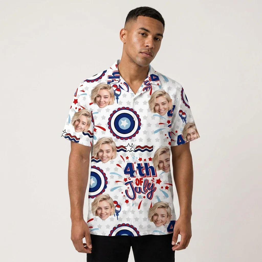Custom Face & Logo Party USA Hawaiian Shirt | Red White & Blue Beach Shirt for BBQs & Parades - view 5 Custom Face & Logo Party USA Hawaiian Shirt | Red White & Blue Beach Shirt for BBQs & Parades - view 5