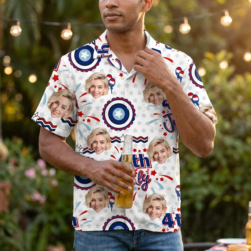 Custom Face & Logo Party USA Hawaiian Shirt | Red White & Blue Beach Shirt for BBQs & Parades - view 6 Custom Face & Logo Party USA Hawaiian Shirt | Red White & Blue Beach Shirt for BBQs & Parades - view 6