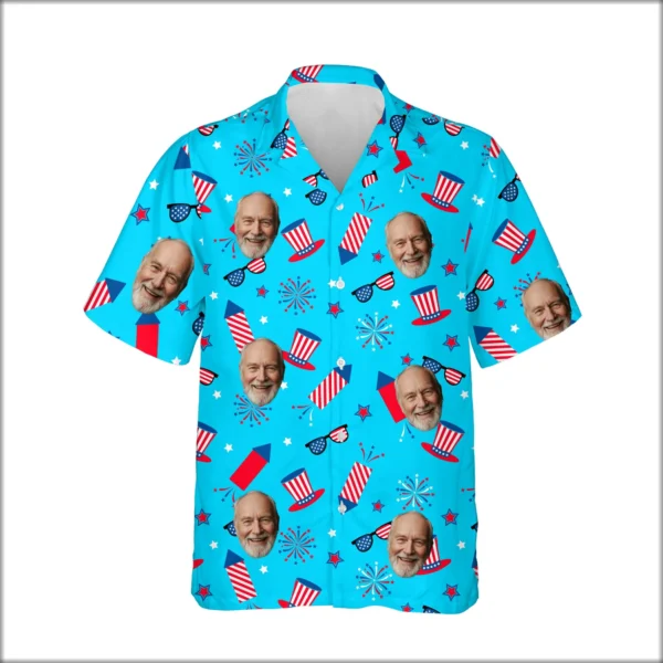 Custom Face & Logo Party USA Hawaiian Shirt | Red White & Blue Beach Shirt for BBQs & Parades