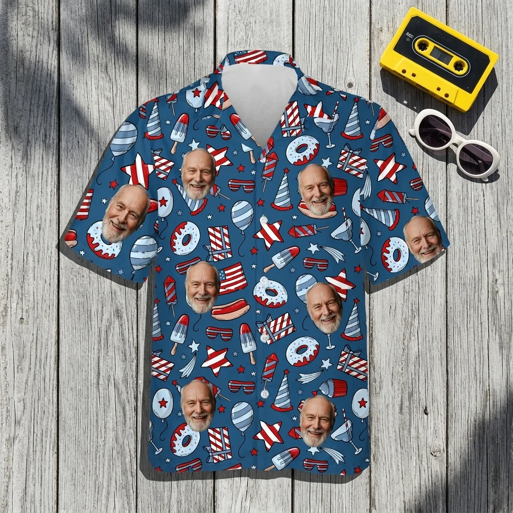 Custom Face & Logo Party USA Hawaiian Shirt | Star-Spangled Summer Shirt for Patriotic Crews - view 3 Custom Face & Logo Party USA Hawaiian Shirt | Star-Spangled Summer Shirt for Patriotic Crews - view 3