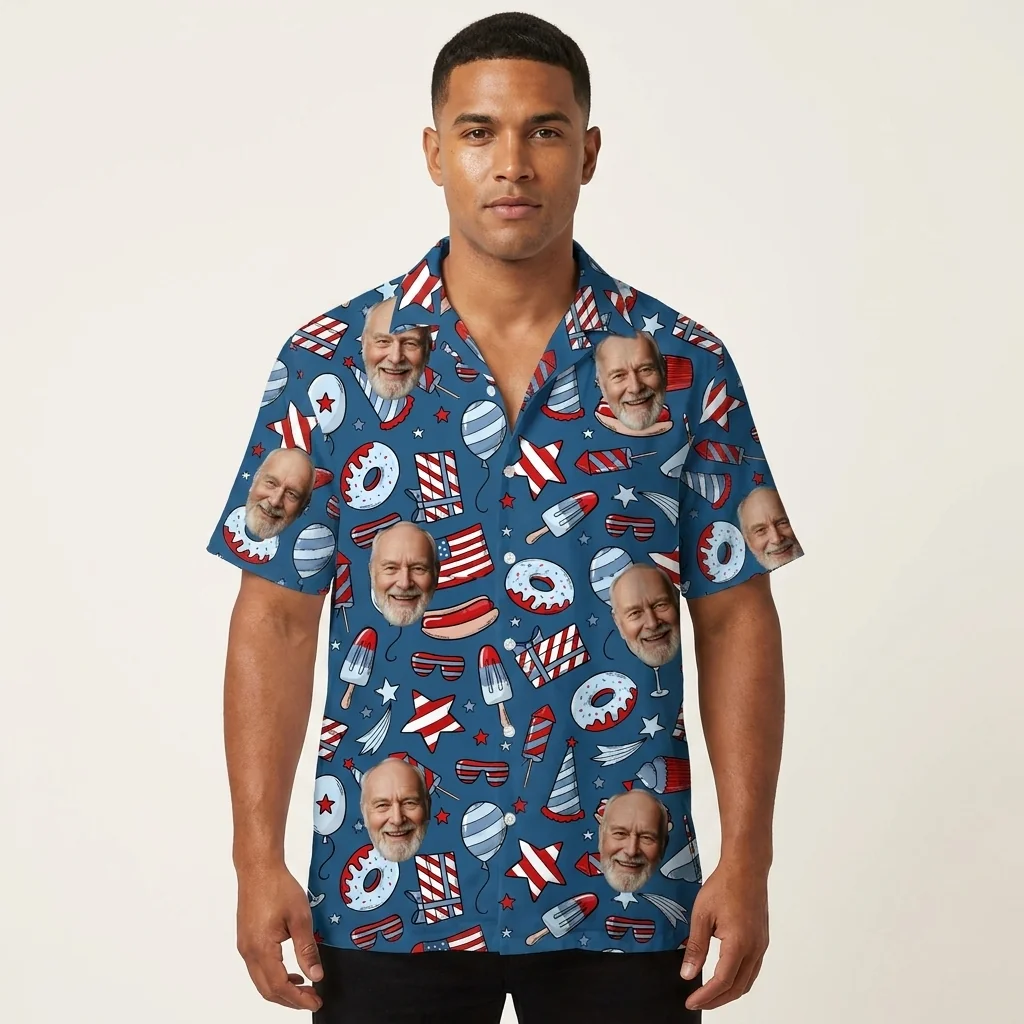 Custom Face & Logo Party USA Hawaiian Shirt | Star-Spangled Summer Shirt for Patriotic Crews - view 5 Custom Face & Logo Party USA Hawaiian Shirt | Star-Spangled Summer Shirt for Patriotic Crews - view 5