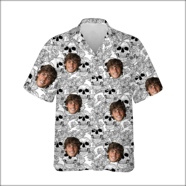 Custom Face & Logo Surf Skeleton Hawaiian Shirt | Edgy Skull Hawaiian Shirt for Summer & Halloween