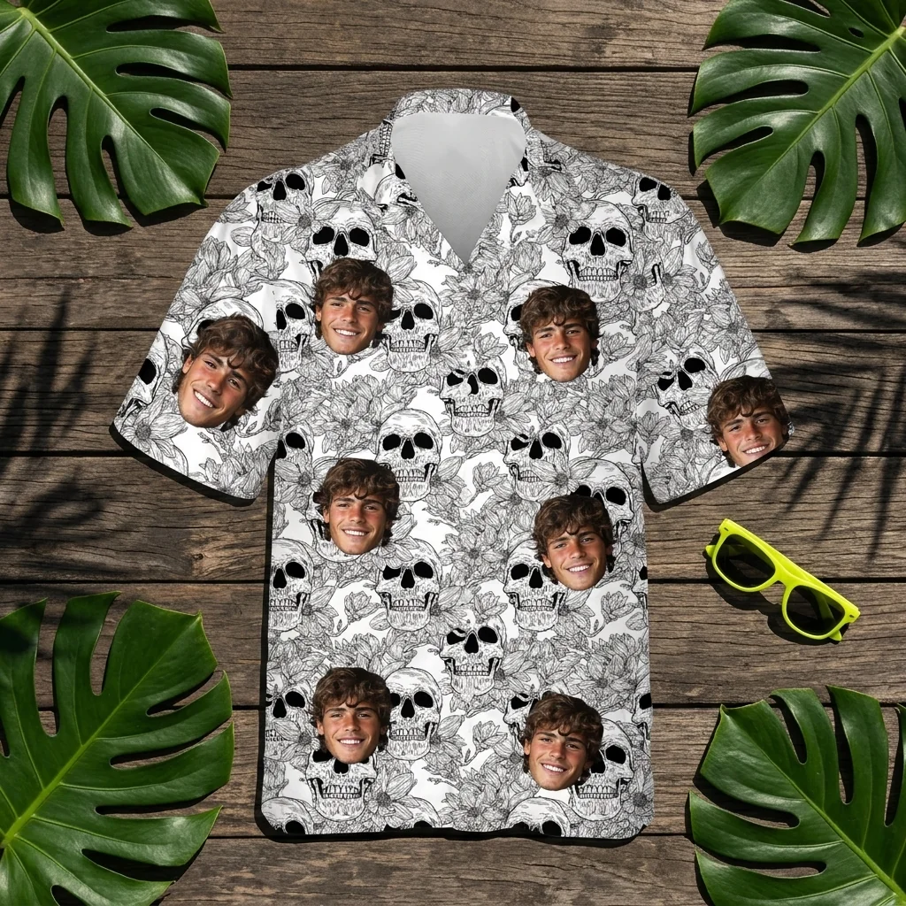 Custom Face & Logo Surf Skeleton Hawaiian Shirt | Edgy Skull Hawaiian Shirt for Summer & Halloween - view 3 Custom Face & Logo Surf Skeleton Hawaiian Shirt | Edgy Skull Hawaiian Shirt for Summer & Halloween - view 3