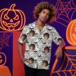 Custom Face & Logo Surf Skeleton Hawaiian Shirt | Edgy Skull Hawaiian Shirt for Summer & Halloween