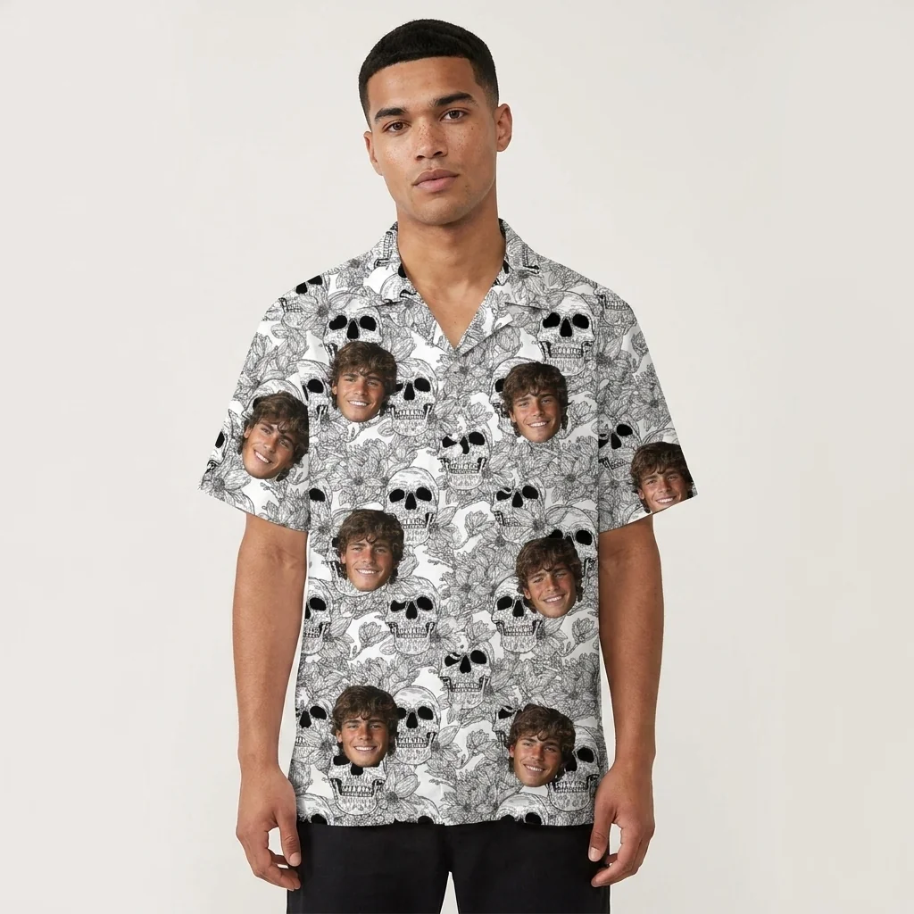 Custom Face & Logo Surf Skeleton Hawaiian Shirt | Edgy Skull Hawaiian Shirt for Summer & Halloween - view 5 Custom Face & Logo Surf Skeleton Hawaiian Shirt | Edgy Skull Hawaiian Shirt for Summer & Halloween - view 5