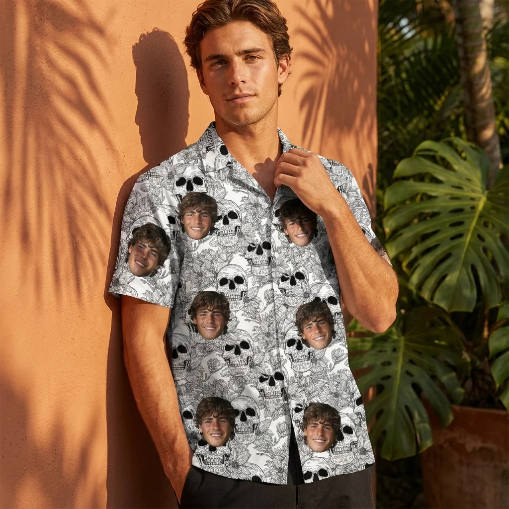 Custom Face & Logo Surf Skeleton Hawaiian Shirt | Edgy Skull Hawaiian Shirt for Summer & Halloween - view 6 Custom Face & Logo Surf Skeleton Hawaiian Shirt | Edgy Skull Hawaiian Shirt for Summer & Halloween - view 6