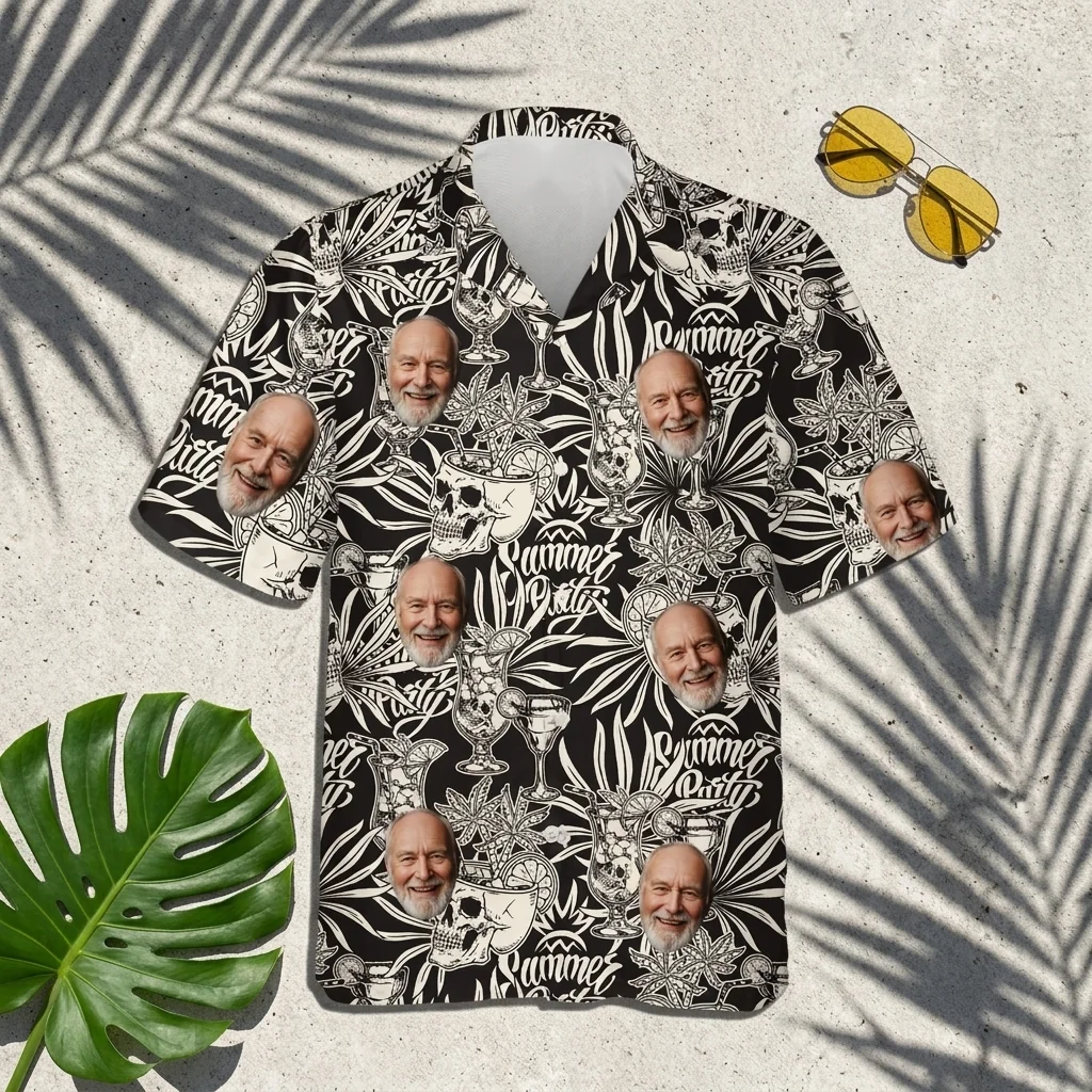 Custom Face & Logo Surf Skeleton Hawaiian Shirt | Gothic Surf Vibes Shirt for Men & Women - view 3 Custom Face & Logo Surf Skeleton Hawaiian Shirt | Gothic Surf Vibes Shirt for Men & Women - view 3