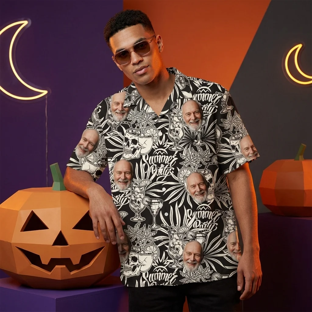 Custom Face & Logo Surf Skeleton Hawaiian Shirt | Gothic Surf Vibes Shirt for Men & Women - view 4 Custom Face & Logo Surf Skeleton Hawaiian Shirt | Gothic Surf Vibes Shirt for Men & Women - view 4
