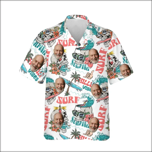 Custom Face & Logo Surf Skeleton Hawaiian Shirt | Gothic Surf Vibes Shirt for Men & Women