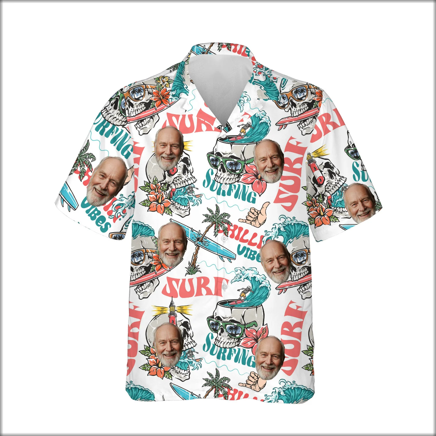 Custom Face & Logo Surf Skeleton Hawaiian Shirt | Gothic Surf Vibes Shirt for Men & Women Custom Face & Logo Surf Skeleton Hawaiian Shirt | Gothic Surf Vibes Shirt for Men & Women